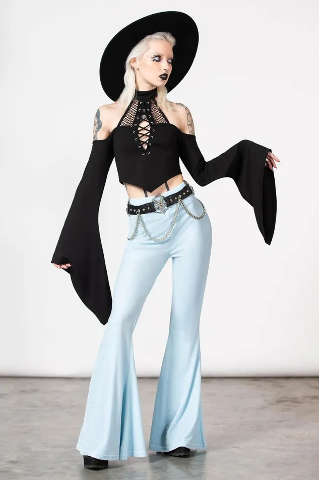 Women Velvet Killstar Moondance Bell Bottoms PASTEL BLUE