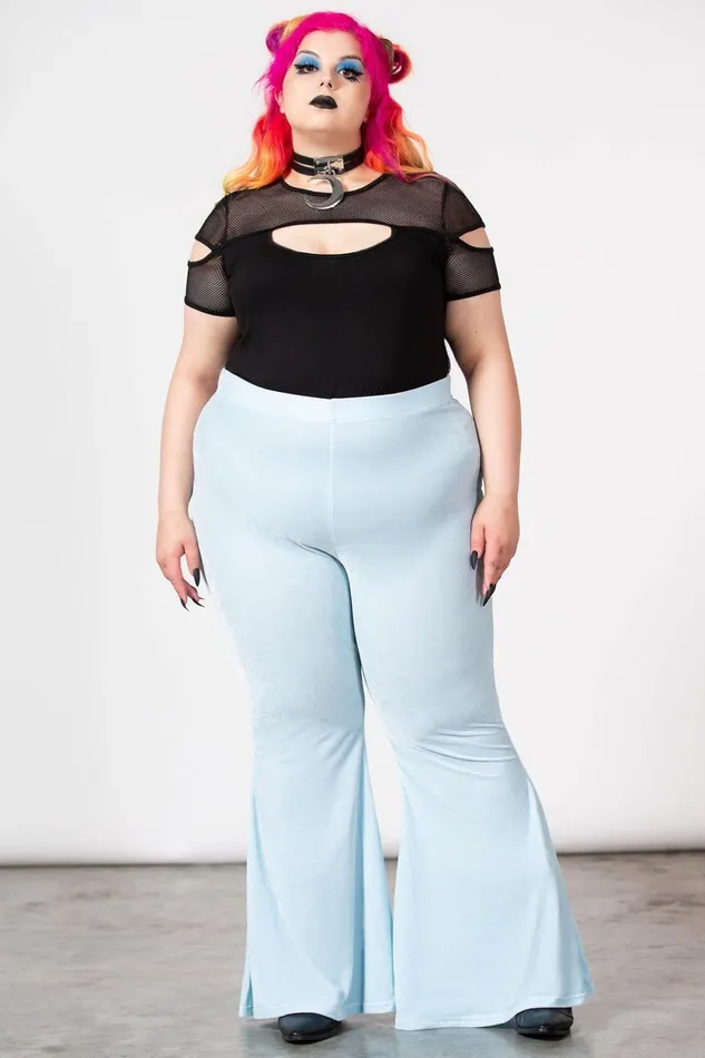Women Velvet Killstar Moondance Bell Bottoms PASTEL BLUE