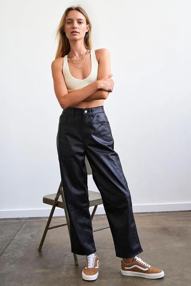 Women WideLeg Jeans Free People Levi039s Faux Leather Ribcage Straight Jeans Leather Night Black
