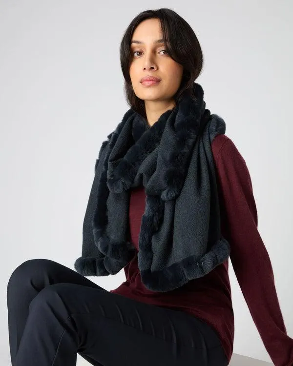 Women Women039s Cashmere Scarf With Fur TrimIn Grigio Blue Grigio Blue NPeal Cashmere Scarves