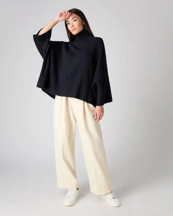 Women Women039s Rib Sleeved Cable Cashmere SweaterIn Navy Blue Navy Blue NPeal Turtle Necks