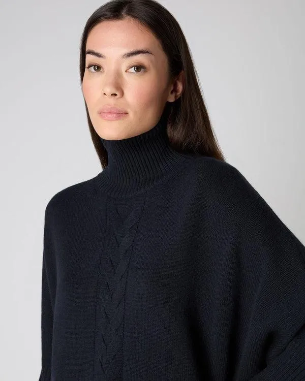 Women Women039s Rib Sleeved Cable Cashmere SweaterIn Navy Blue Navy Blue NPeal Turtle Necks