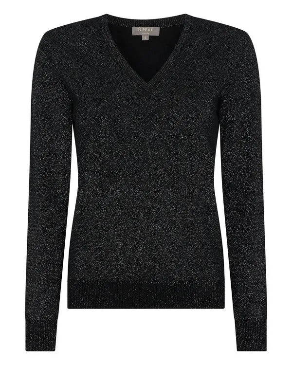Women Women039s V Neck Cashmere Sweater With LurexIn Black Sparkle Black Sparkle NPeal V Necks