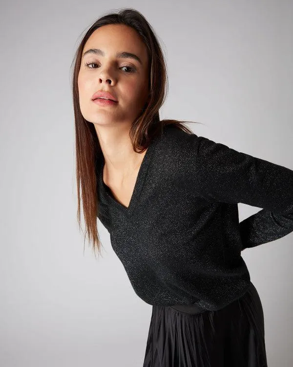 Women Women039s V Neck Cashmere Sweater With LurexIn Black Sparkle Black Sparkle NPeal V Necks