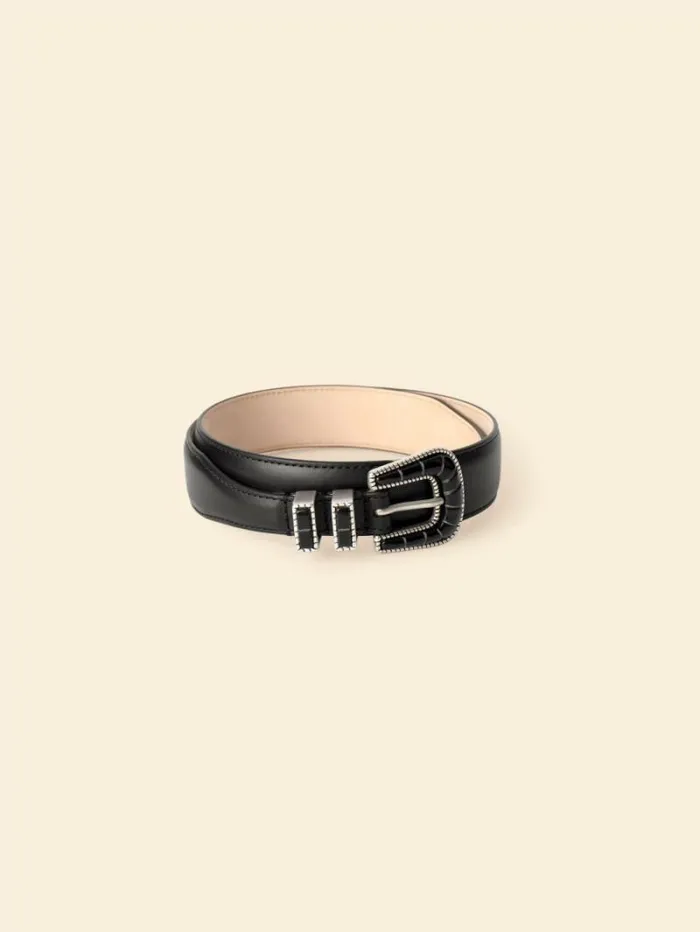 Xirena Silver Ostrich Black Calfskin Dalmatian Belt Women Accessories