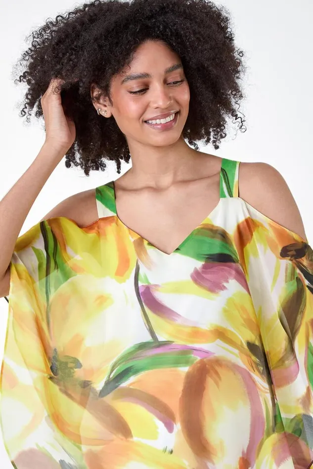 Yellow Abstract Print Cold Shoulder Overlay Top Women Roman Tops