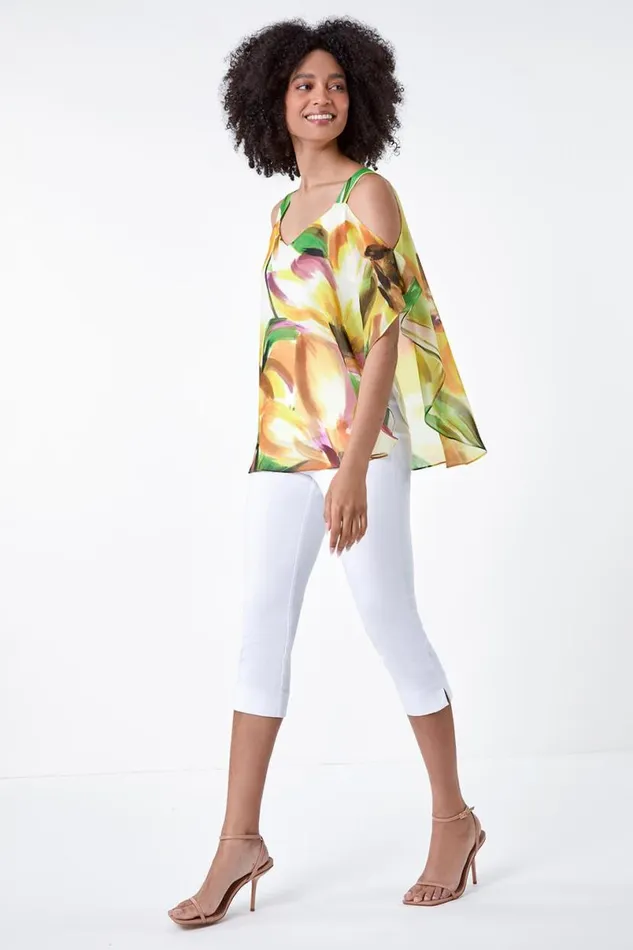 Yellow Abstract Print Cold Shoulder Overlay Top Women Roman Tops