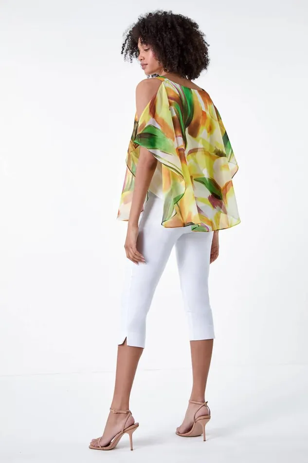Yellow Abstract Print Cold Shoulder Overlay Top Women Roman Tops
