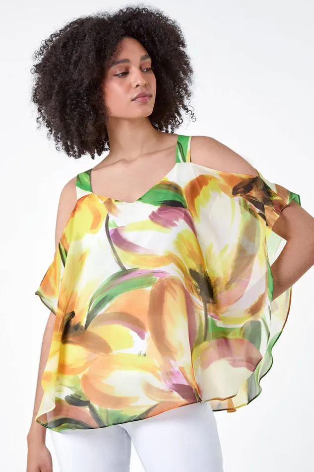 Yellow Abstract Print Cold Shoulder Overlay Top Women Roman Tops
