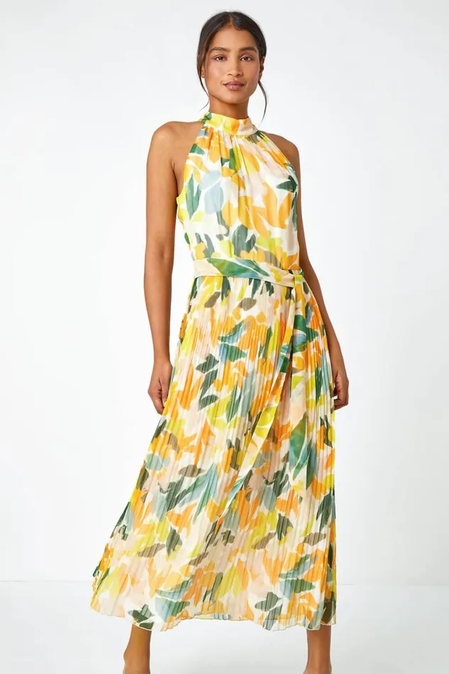 Yellow Floral Halterneck Pleated Chiffon Maxi Dress Women Roman Dresses