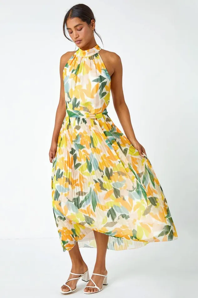 Yellow Floral Halterneck Pleated Chiffon Maxi Dress Women Roman Dresses
