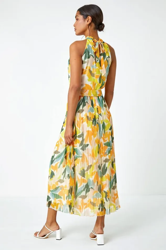 Yellow Floral Halterneck Pleated Chiffon Maxi Dress Women Roman Dresses
