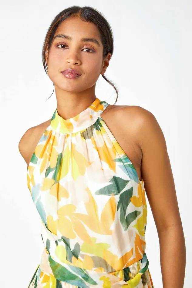 Yellow Floral Halterneck Pleated Chiffon Maxi Dress Women Roman Dresses