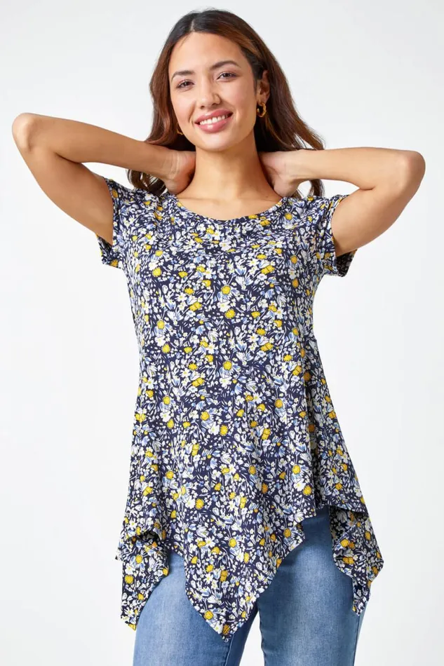 Yellow Floral Hanky Hem Stretch Tunic Top Women Roman Tops