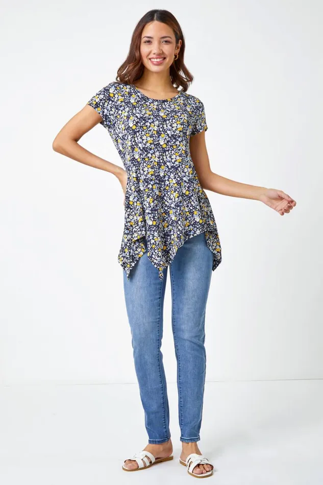 Yellow Floral Hanky Hem Stretch Tunic Top Women Roman Tops