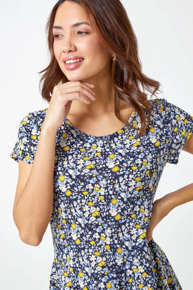 Yellow Floral Hanky Hem Stretch Tunic Top Women Roman Tops