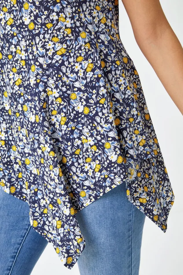 Yellow Floral Hanky Hem Stretch Tunic Top Women Roman Tops
