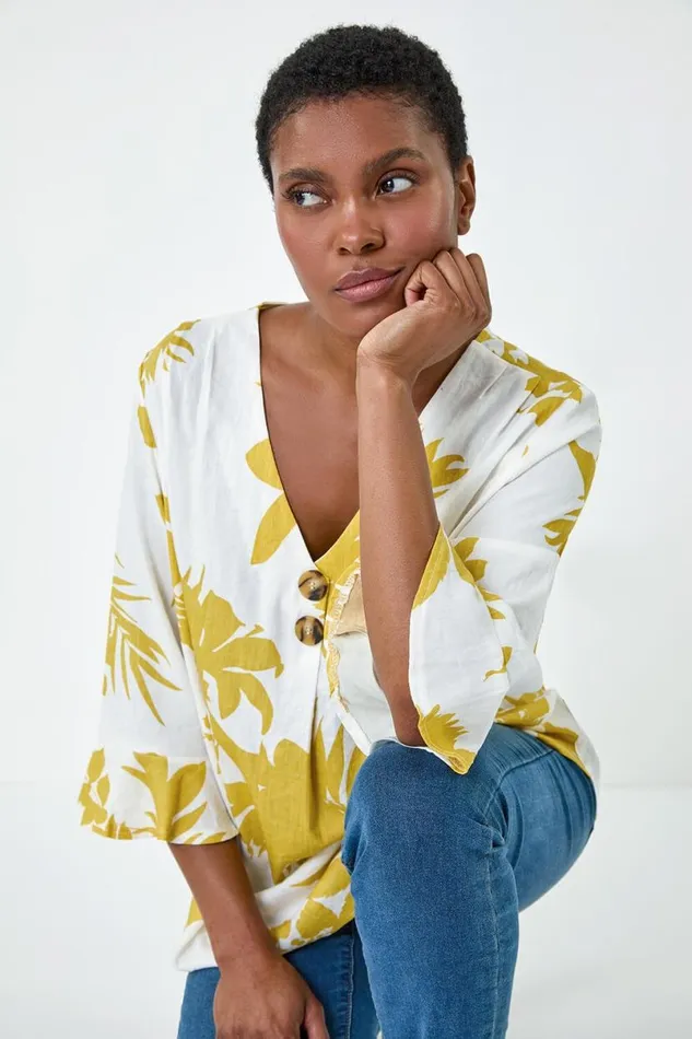 Yellow Floral Print Button Front Top Women Roman Tops