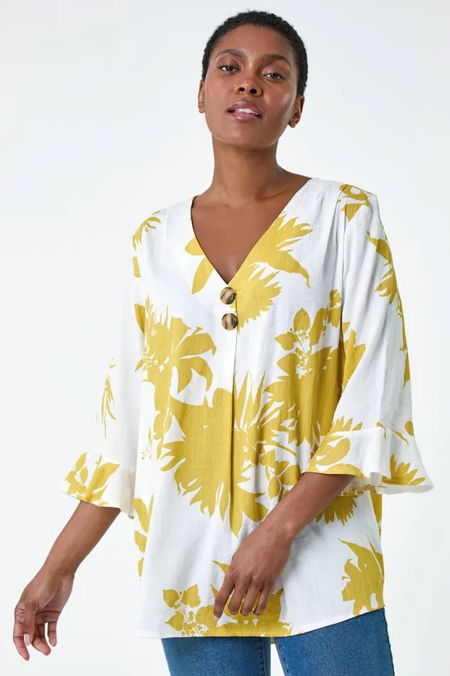 Yellow Floral Print Button Front Top Women Roman Tops