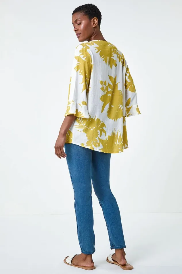 Yellow Floral Print Button Front Top Women Roman Tops