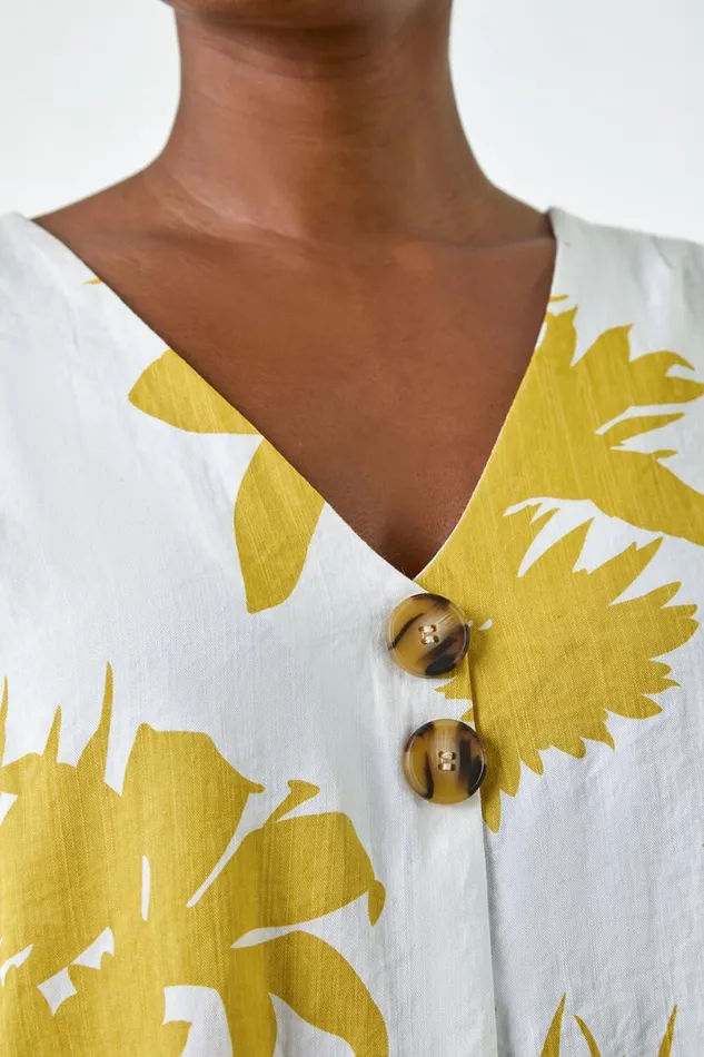 Yellow Floral Print Button Front Top Women Roman Tops