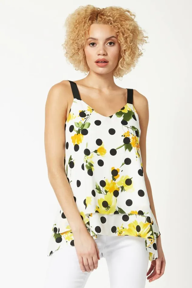 Yellow Floral Spot Print Chiffon Overlay Vest Top Women Roman Tops