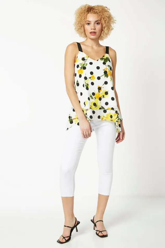 Yellow Floral Spot Print Chiffon Overlay Vest Top Women Roman Tops