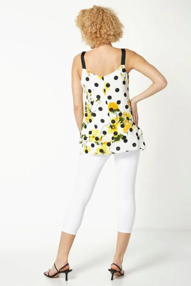 Yellow Floral Spot Print Chiffon Overlay Vest Top Women Roman Tops