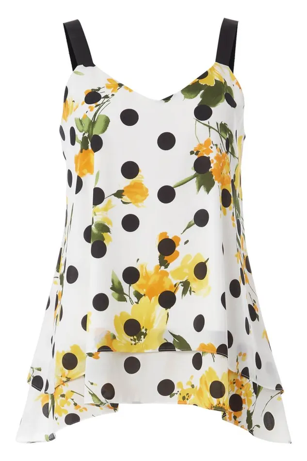 Yellow Floral Spot Print Chiffon Overlay Vest Top Women Roman Tops